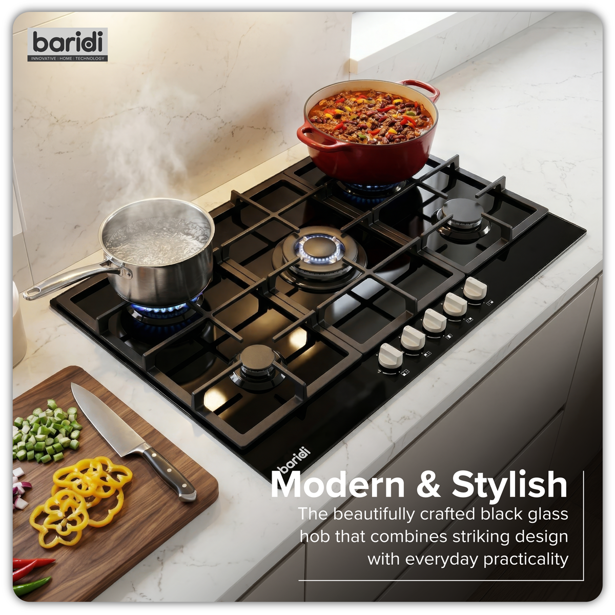 Baridi 90cm Gas Hob Black Glass with 5 Burners, Cast Iron Supports & Auto Ignition 11kW