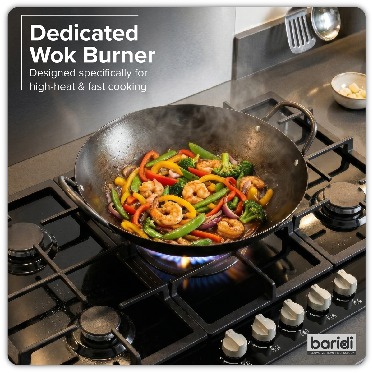 Baridi 90cm Gas Hob Black Glass with 5 Burners, Cast Iron Supports & Auto Ignition 11kW