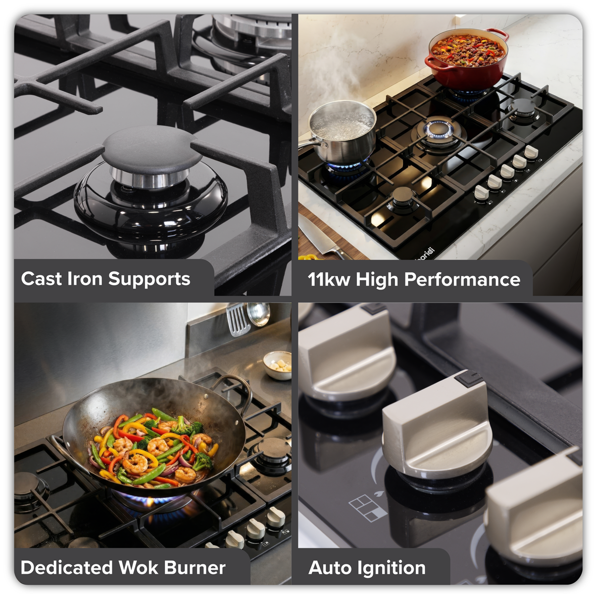 Baridi 90cm Gas Hob Black Glass with 5 Burners, Cast Iron Supports & Auto Ignition 11kW
