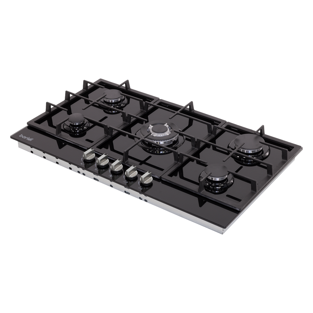 Baridi 90cm Gas Hob Black Glass with 5 Burners, Cast Iron Supports & Auto Ignition 11kW
