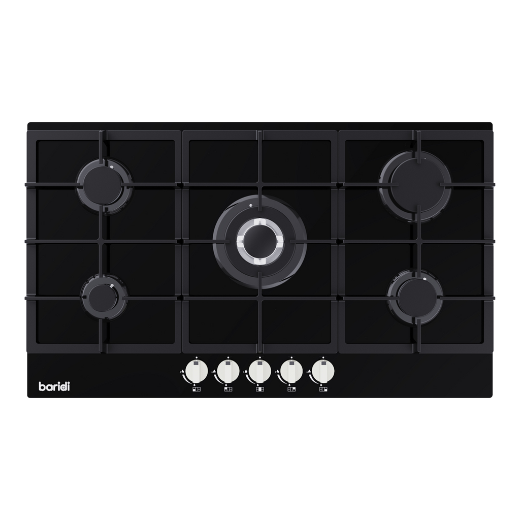 Baridi 90cm Gas Hob Black Glass with 5 Burners, Cast Iron Supports & Auto Ignition 11kW