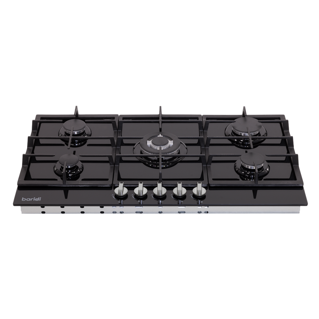 Baridi 90cm Gas Hob Black Glass with 5 Burners, Cast Iron Supports & Auto Ignition 11kW