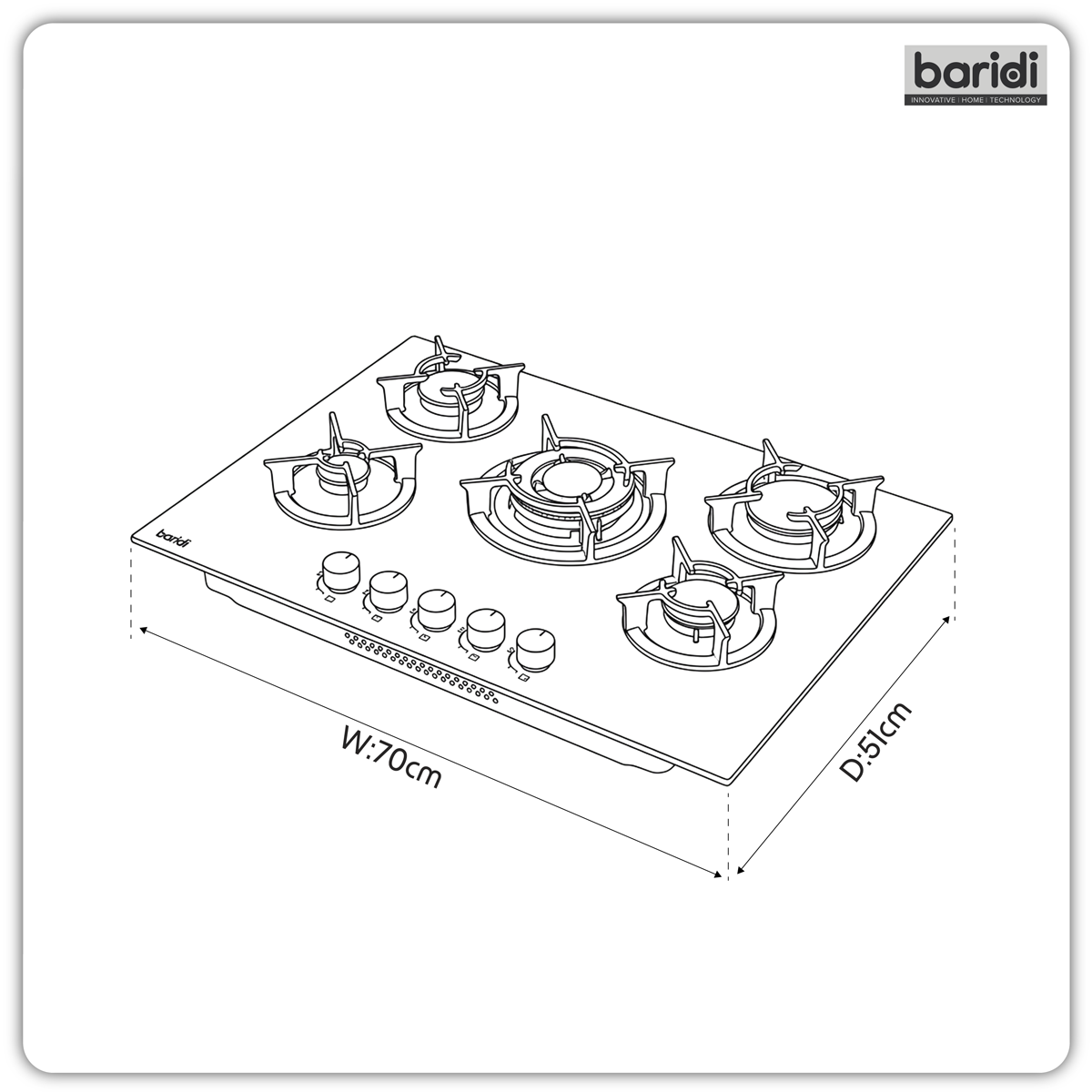 Baridi 70cm Gas Hob Matt Black with 5 Burners, Cast Iron Supports & Auto Ignition 10.4kW