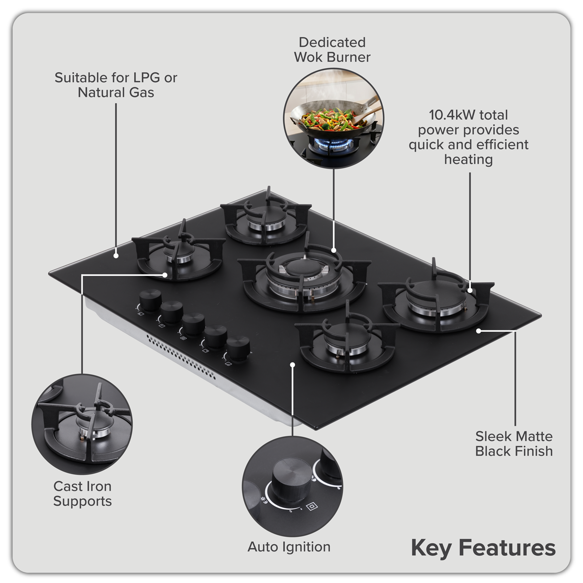 Baridi 70cm Gas Hob Matt Black with 5 Burners, Cast Iron Supports & Auto Ignition 10.4kW