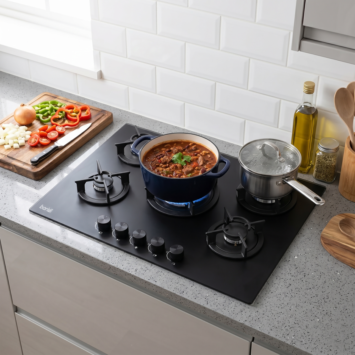 Baridi 70cm Gas Hob Matt Black with 5 Burners, Cast Iron Supports & Auto Ignition 10.4kW
