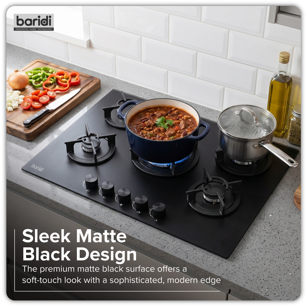 Baridi 70cm Gas Hob Matt Black with 5 Burners, Cast Iron Supports & Auto Ignition 10.4kW