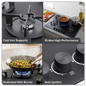 Baridi 70cm Gas Hob Matt Black with 5 Burners, Cast Iron Supports & Auto Ignition 10.4kW