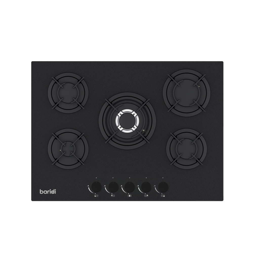 Baridi 70cm Gas Hob Matt Black with 5 Burners, Cast Iron Supports & Auto Ignition 10.4kW