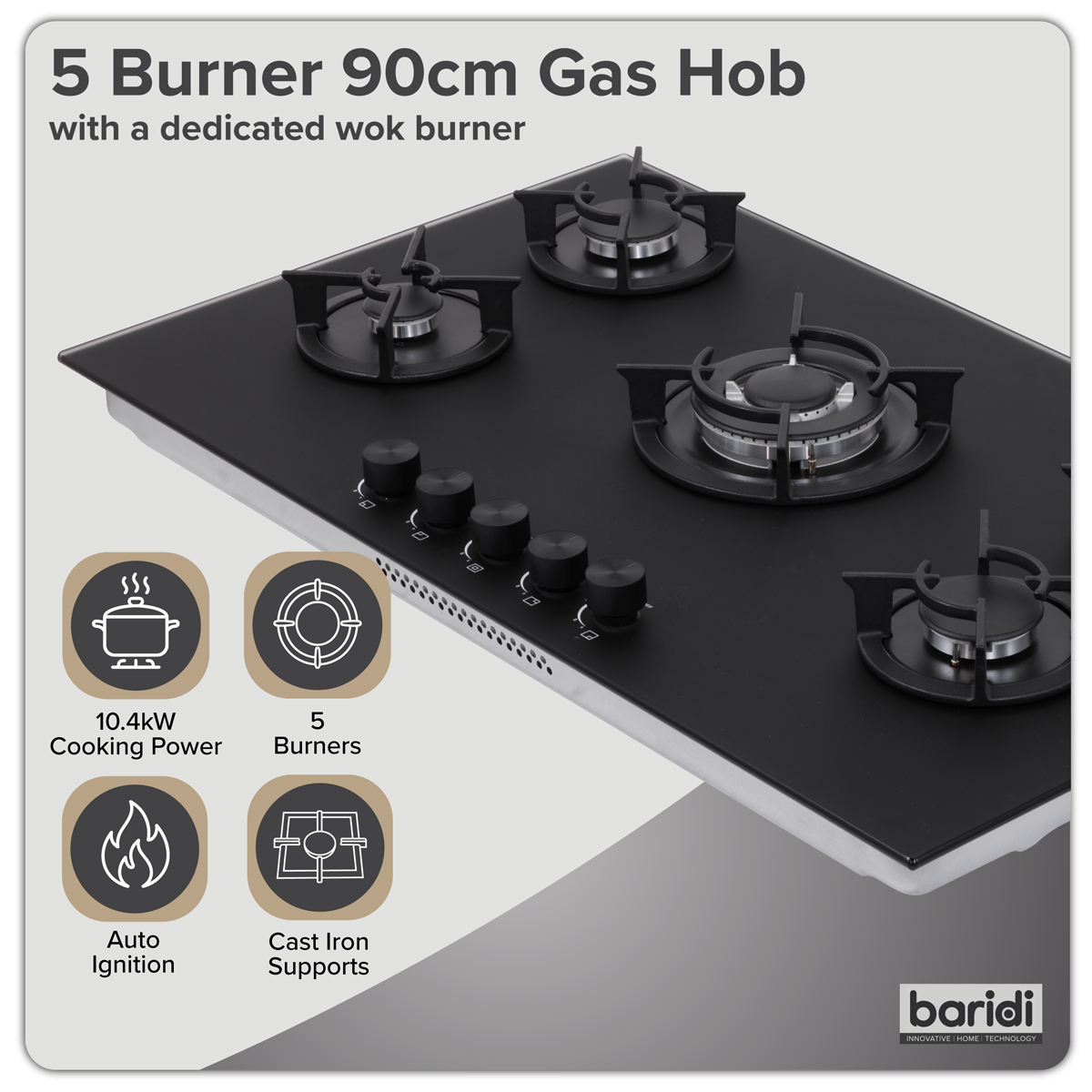 Baridi 90cm Gas Hob Matt Black 5 Burners Cast Iron Supports & Auto Ignition 10.4kW