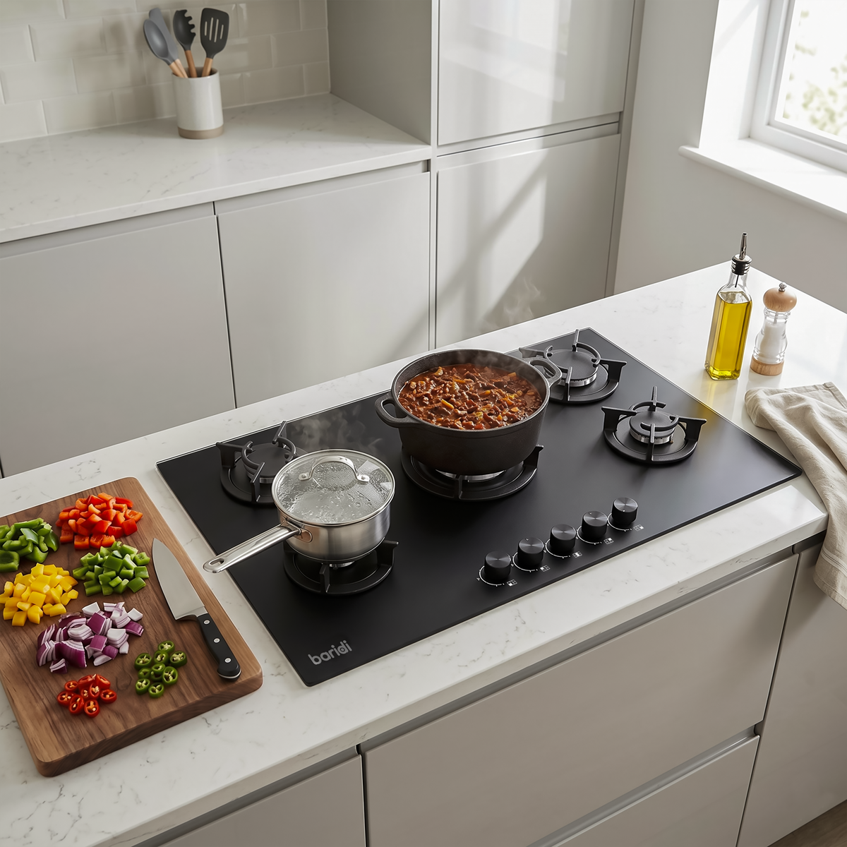 Baridi 90cm Gas Hob Matt Black 5 Burners Cast Iron Supports & Auto Ignition 10.4kW