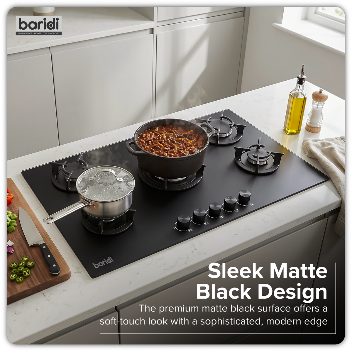 Baridi 90cm Gas Hob Matt Black 5 Burners Cast Iron Supports & Auto Ignition 10.4kW