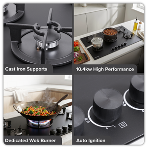 Baridi 90cm Gas Hob Matt Black 5 Burners Cast Iron Supports & Auto Ignition 10.4kW
