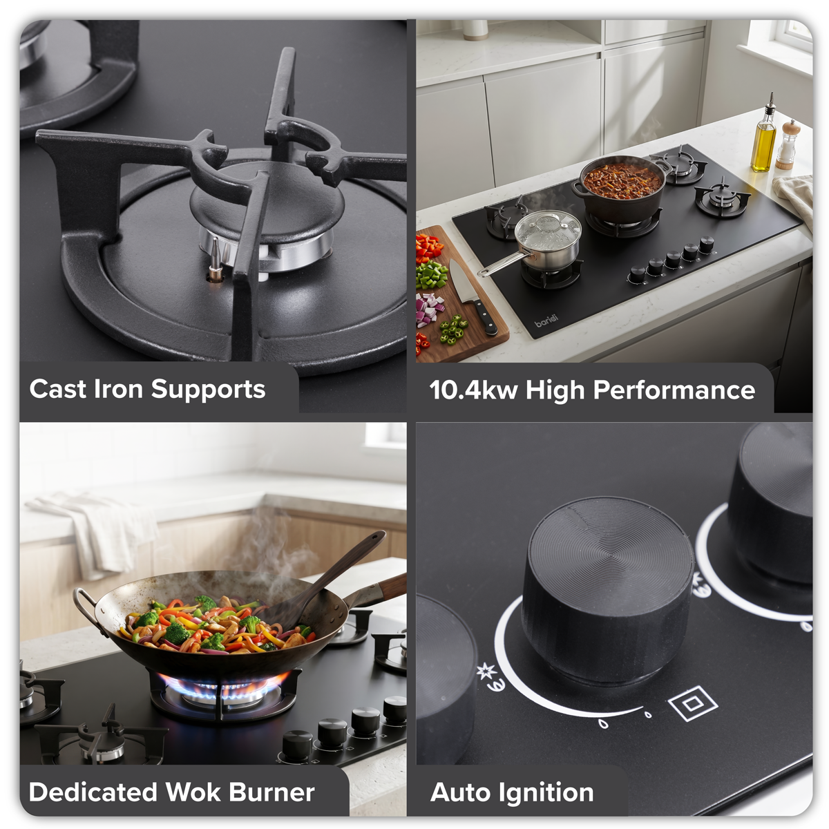 Baridi 90cm Gas Hob Matt Black 5 Burners Cast Iron Supports & Auto Ignition 10.4kW