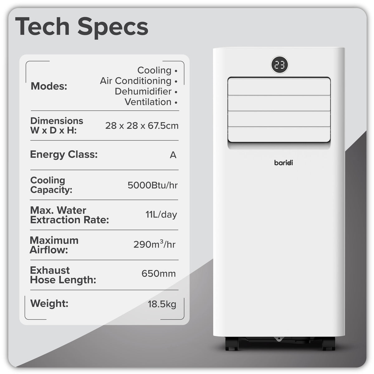 Baridi 4-in-1 Portable Air Conditioner with Window Sealing Kit 5,000Btu/hr - White