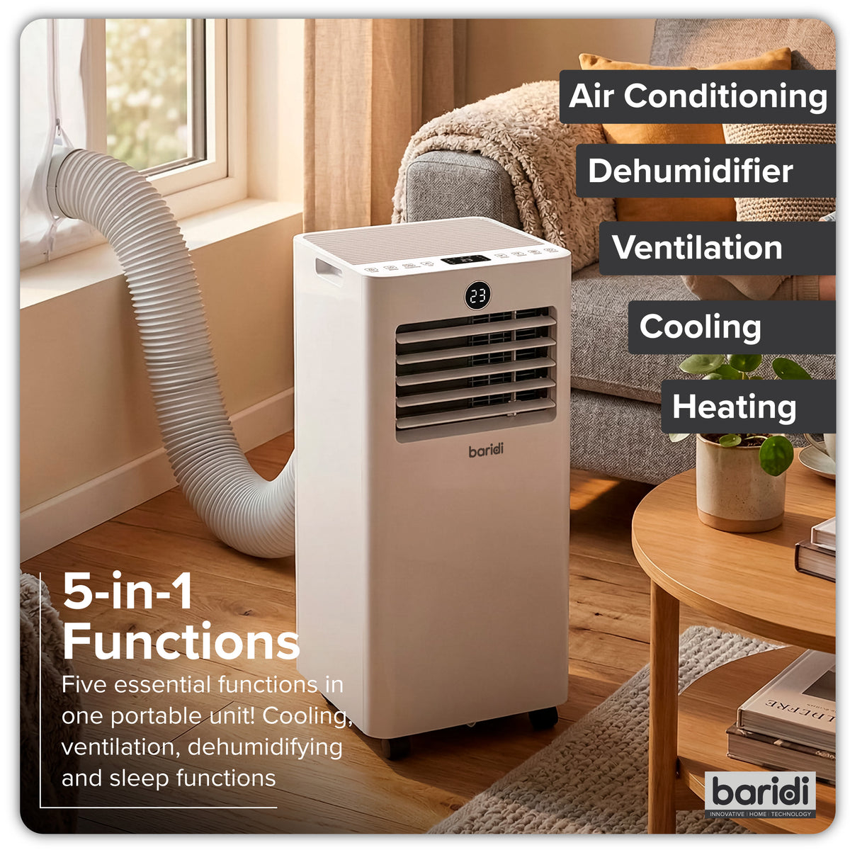 Baridi 4-in-1 Portable Air Conditioner with Window Sealing Kit 5,000Btu/hr - White
