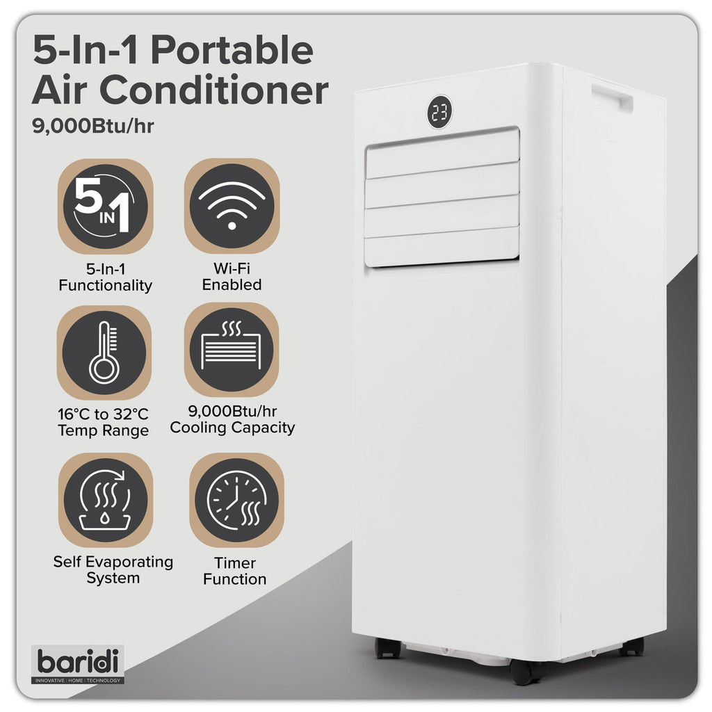Baridi 5-in-1 Portable Air Conditioner/Dehumidifier/Air Cooler with Window Sealing Kit 9,000Btu/hr - White
