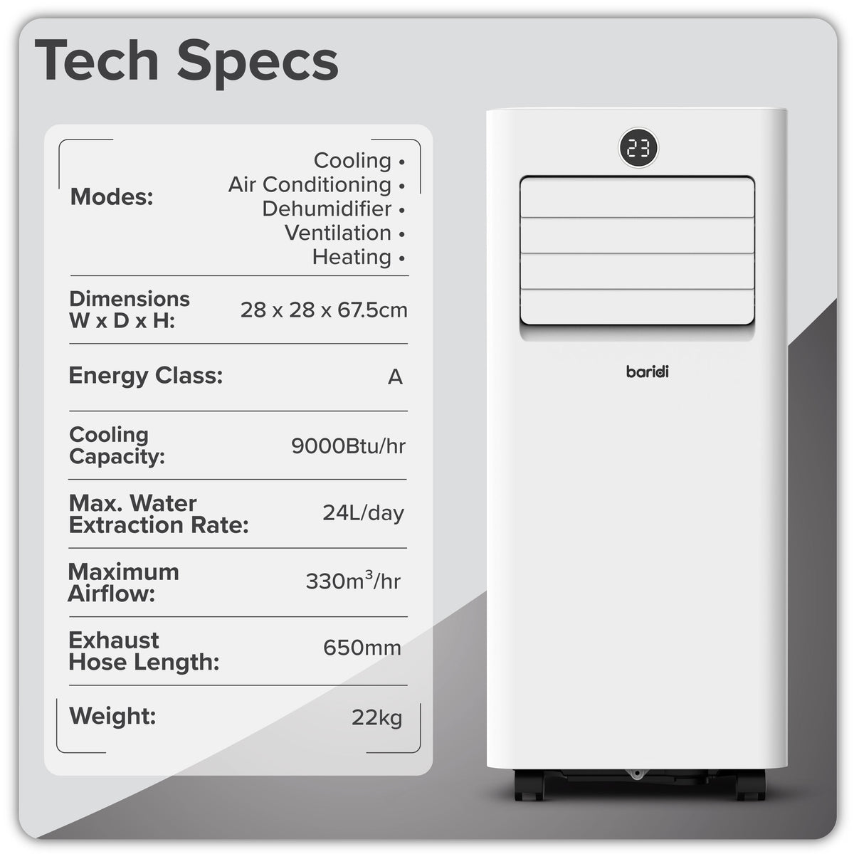 Baridi 5-in-1 Portable Air Conditioner/Dehumidifier/Air Cooler with Window Sealing Kit 9,000Btu/hr - White