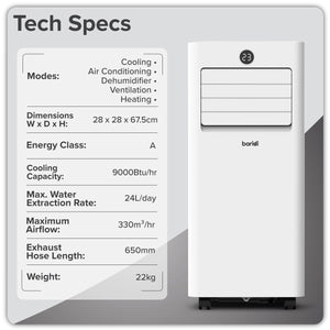 Baridi 5-in-1 Portable Air Conditioner/Dehumidifier/Air Cooler with Window Sealing Kit 9,000Btu/hr - White