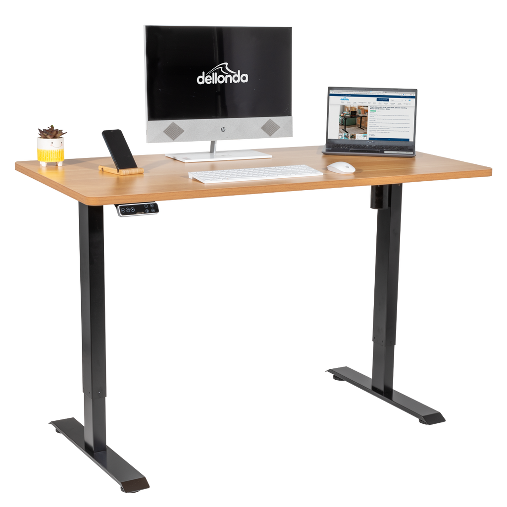 Dellonda Single Motor Height-Adjustable Desk, 140 x 70cm, Oak Desktop (DH41)
