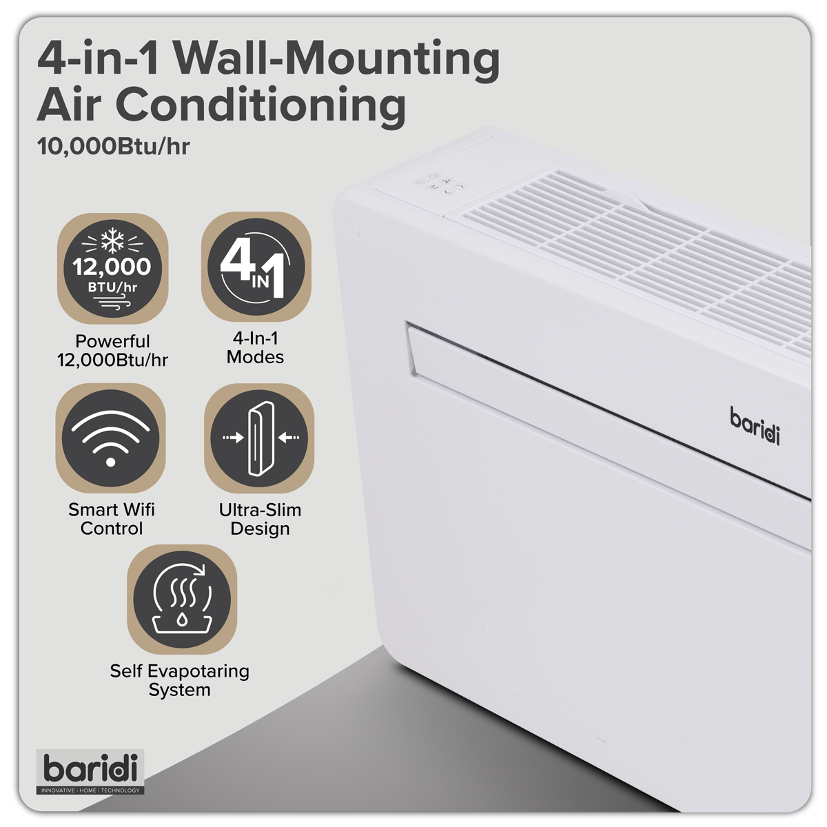 Baridi 4-in-1 Smart Monobloc Wall-Mounting Air Conditioning Unit 12,000Btu/hr - White