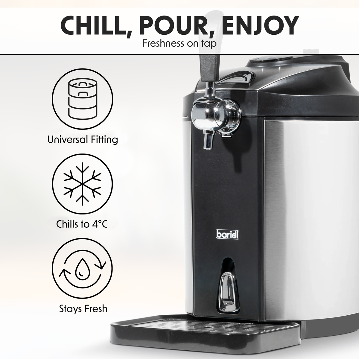 Baridi Mini Keg Draft Beer Dispenser Tap with Integrated Cooling, 5L Capacity (DH49) (Factory Refurbished A)