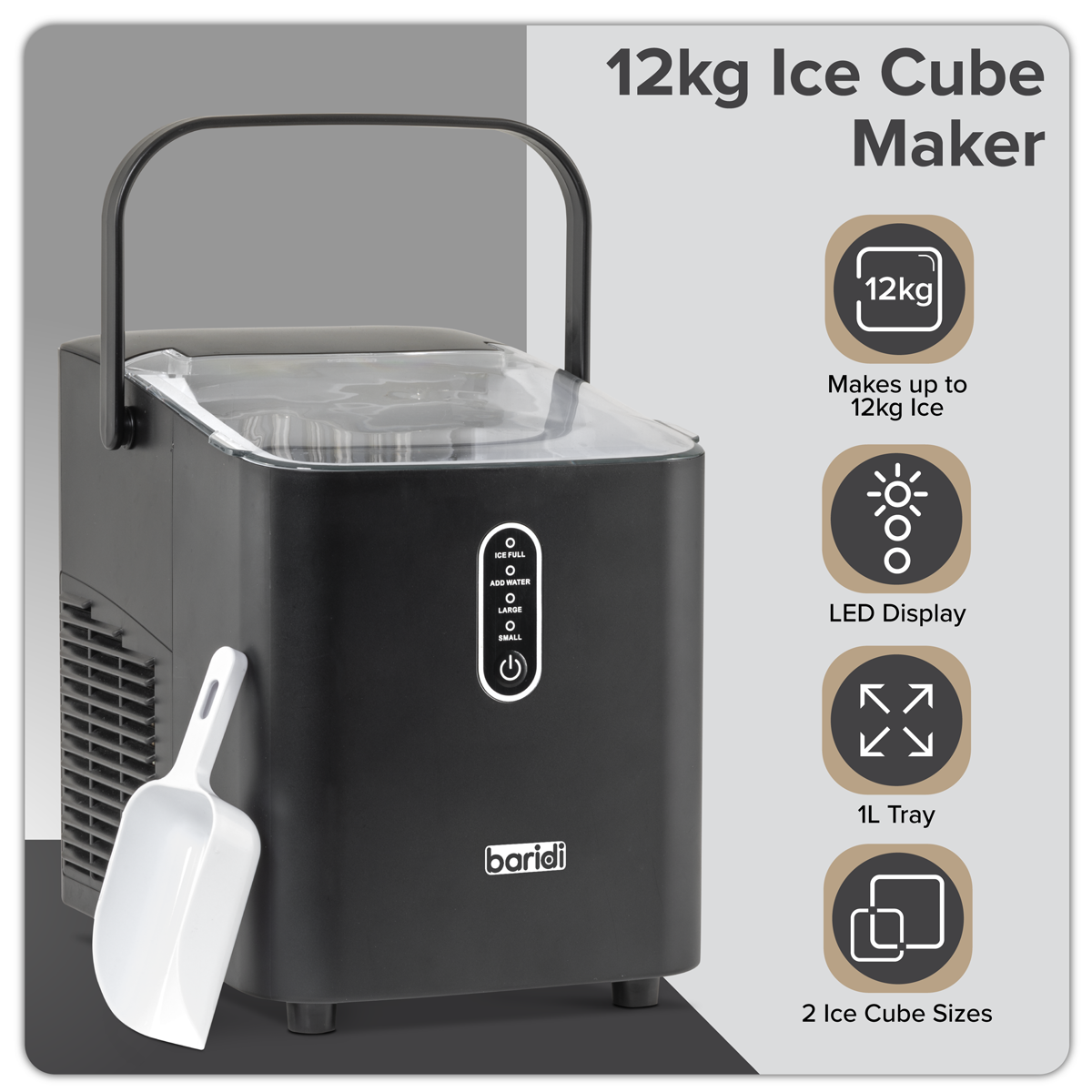 Baridi Ice Cube Maker with LED Display & 10 Minute Freeze, Black (DH52)
