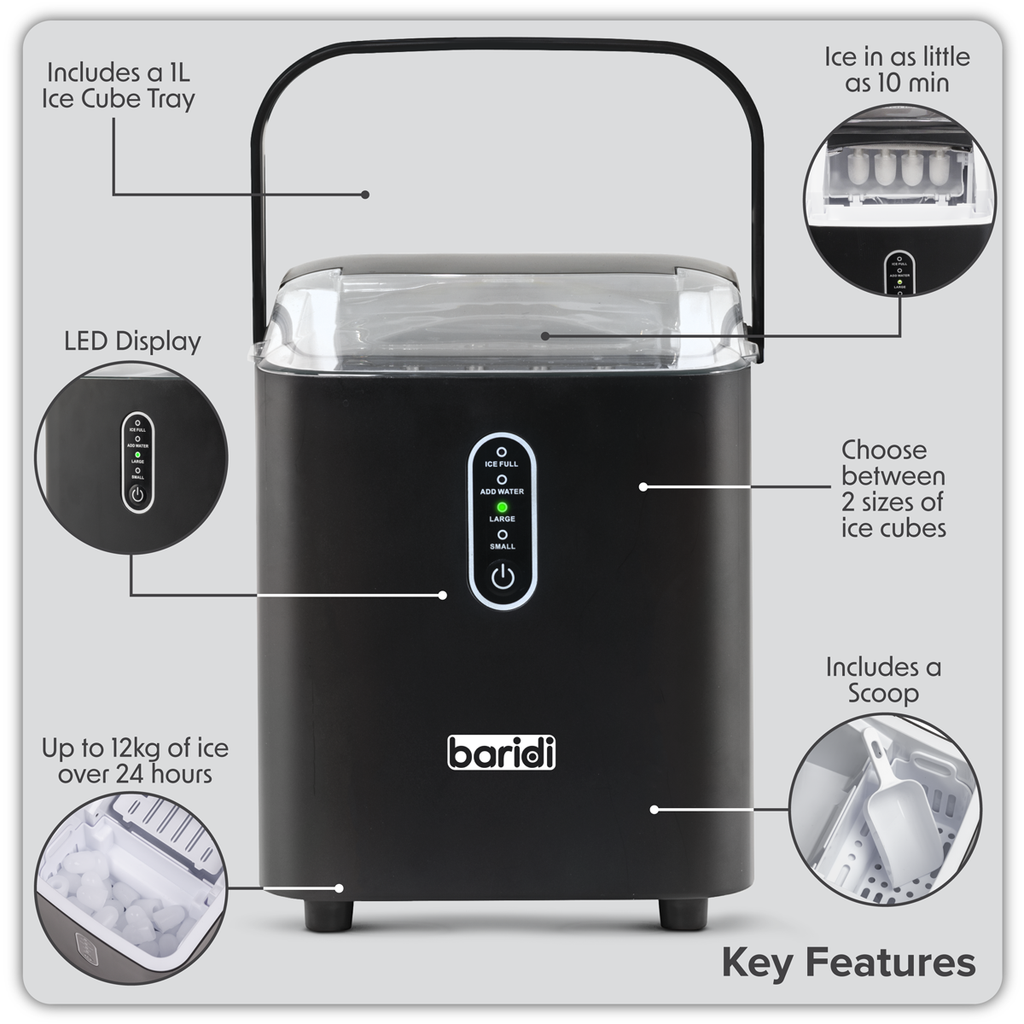 Baridi Ice Cube Maker with LED Display & 10 Minute Freeze, Black (DH52)