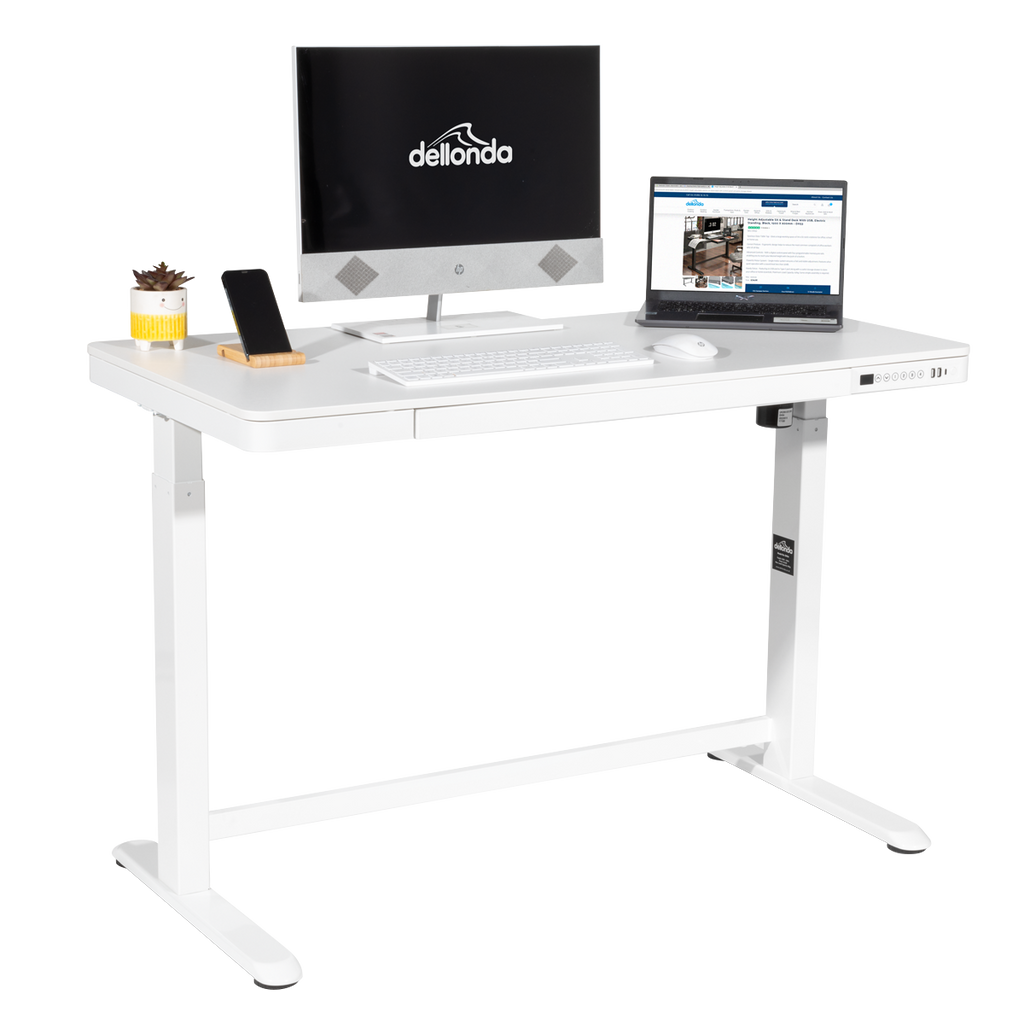 Dellonda Single Motor Ultra-Quiet Electric Desk with Control Panel, USB Port & Drawer - White Desktop