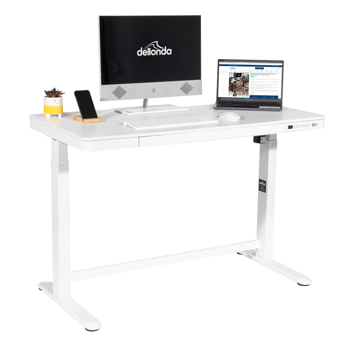 Dellonda Single Motor Ultra-Quiet Electric Desk with Control Panel, USB Port & Drawer - White Desktop