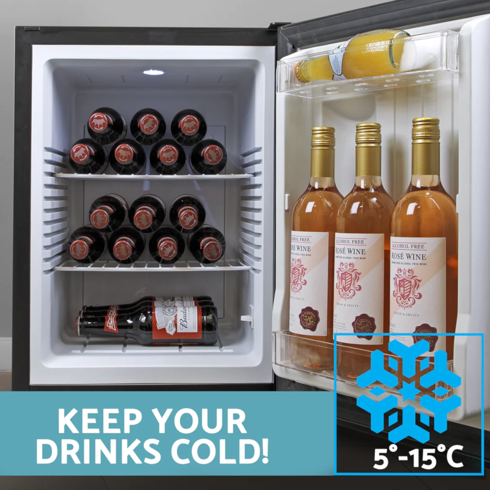 Baridi DH58 Ultra Quiet Freestanding Drinks, Beer and Wine Mini Cooler Fridge with LED Light, 35 Litre Capacity, Black