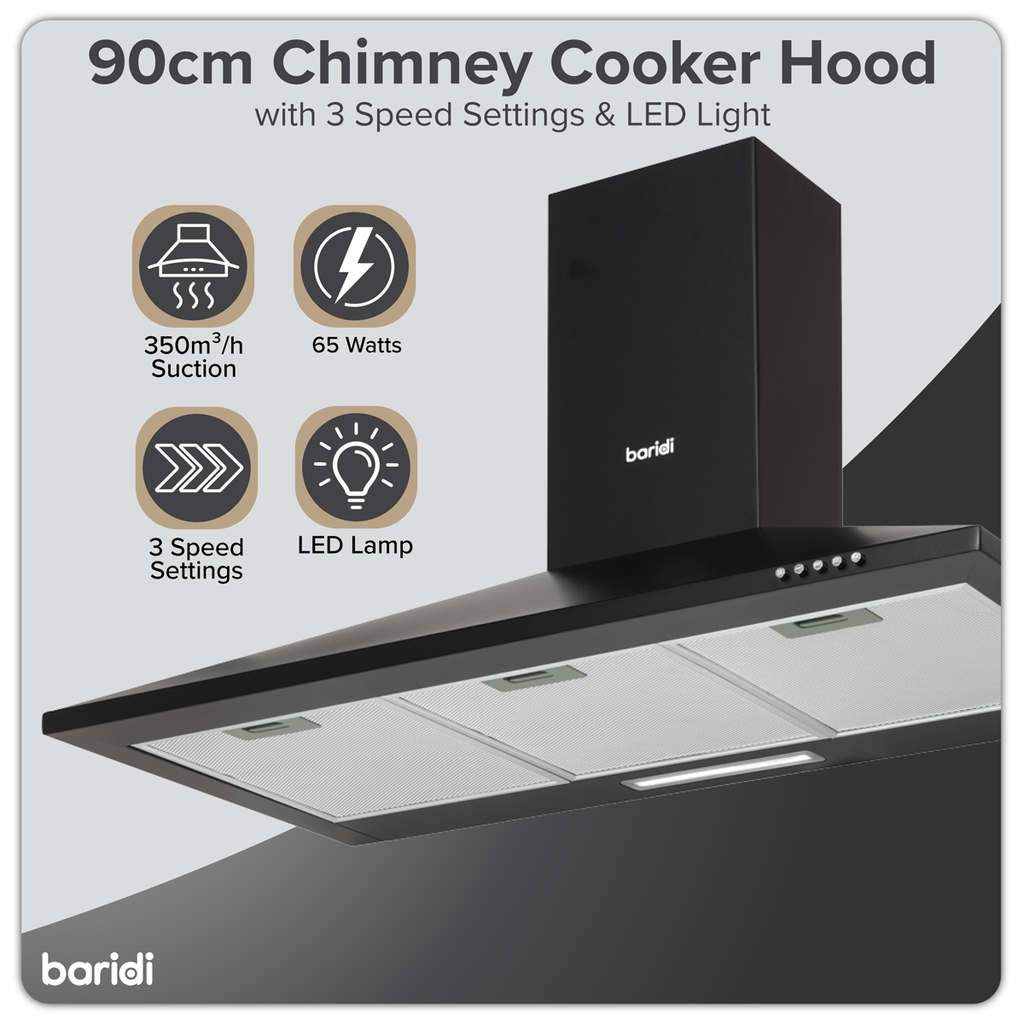 Baridi Chimney Style Cooker Hood with Filters 90cm, Black (DH59)