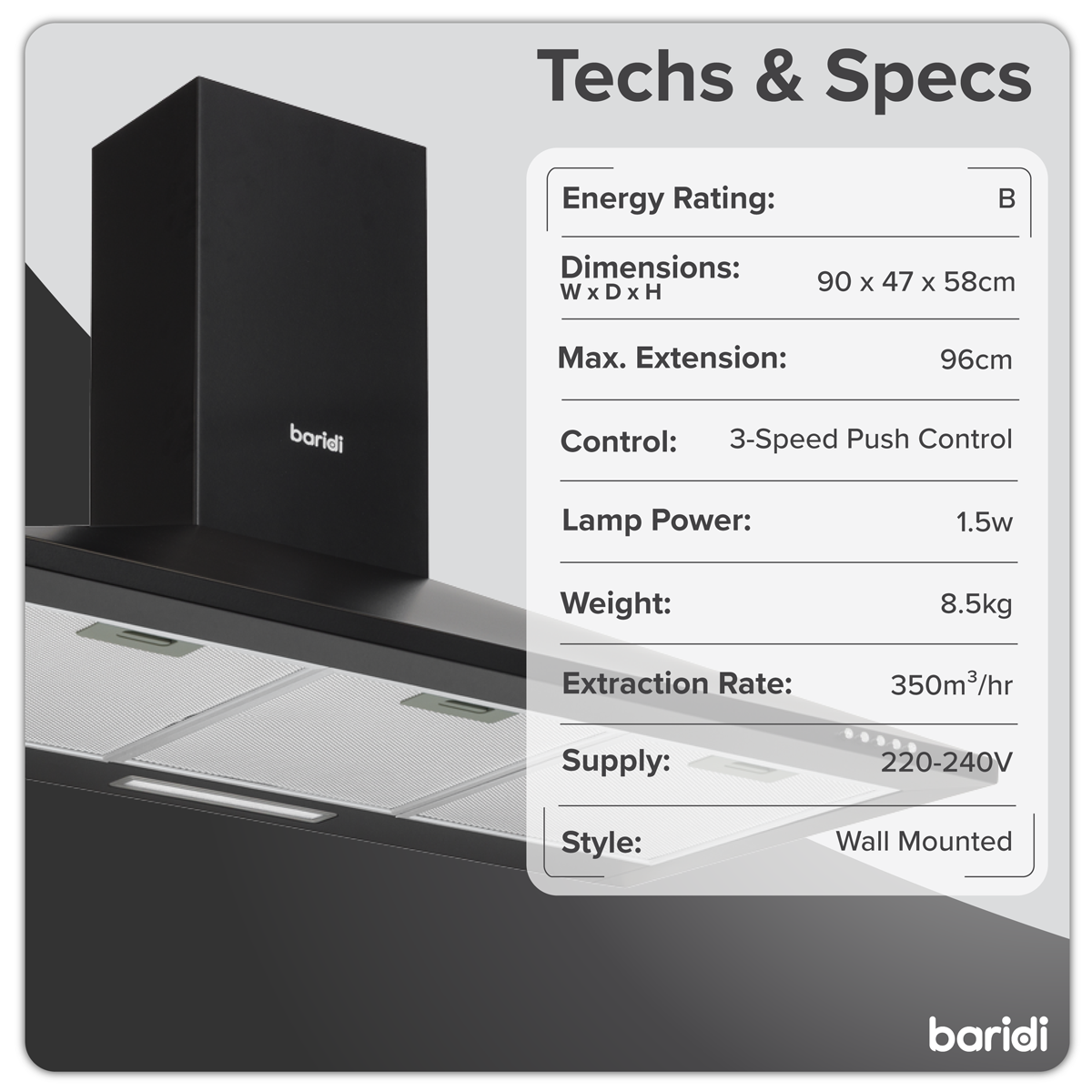 Baridi Chimney Style Cooker Hood with Filters 90cm, Black (DH59)
