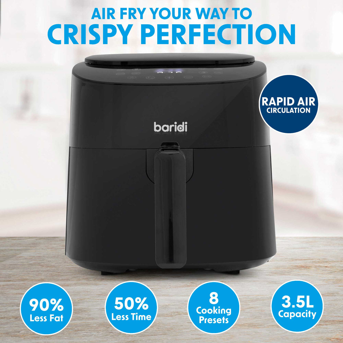 Baridi Single Zone Air Fryer, 3.5L Capacity, 8 Preset Functions, Black (DH60) (Factory Refurbished A)