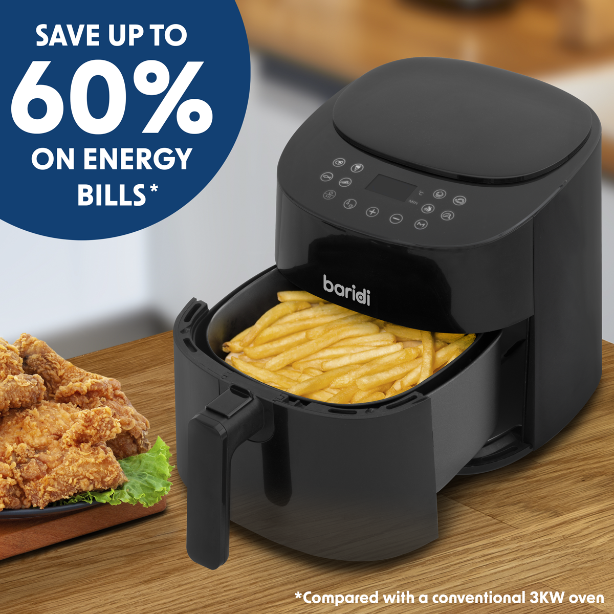 Baridi Single Zone Air Fryer, 3.5L Capacity, 8 Preset Functions, Black (DH60) (Factory Refurbished A)