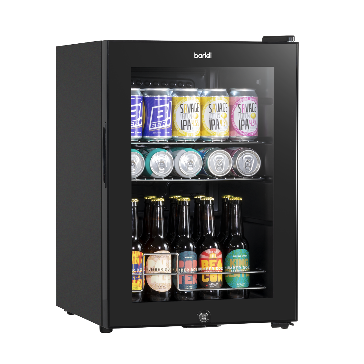 Baridi Beer & Drinks Fridge with LED Light, Black and Glass Door 60L
