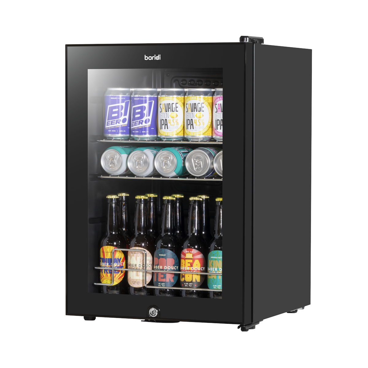 Baridi Beer & Drinks Fridge with LED Light, Black and Glass Door 60L