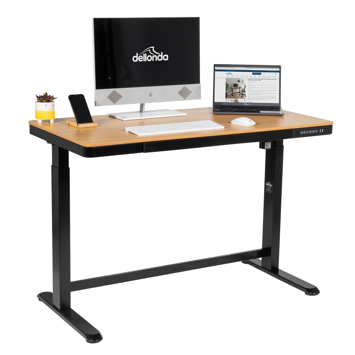Dellonda Single Motor Adjustable Sit & Stand Desk, 120 x 60cm, Oak Desktop (DH65)