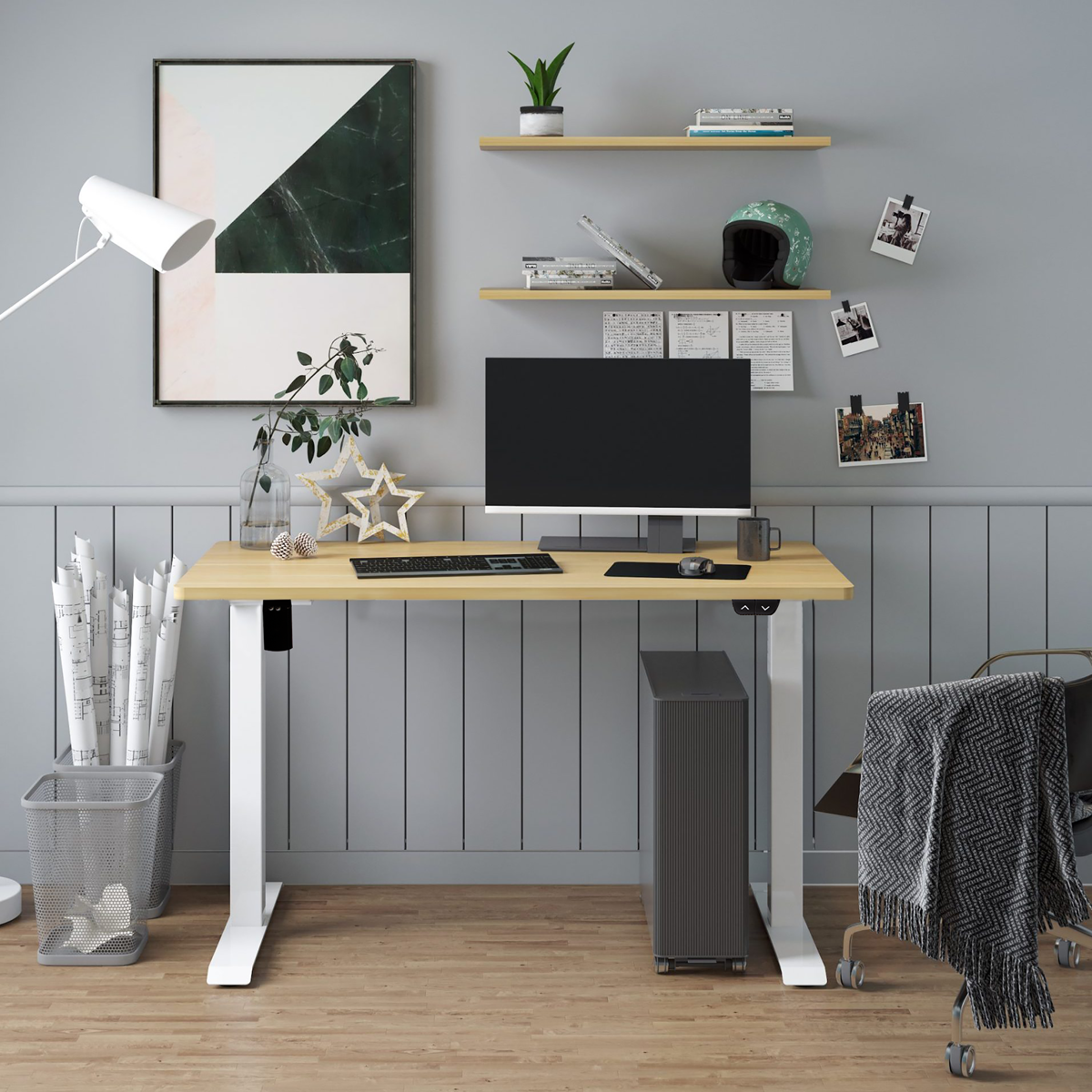 Dellonda Single Motor Height-Adjustable Desk, 140 x 70cm, Oak Desktop (DH68)