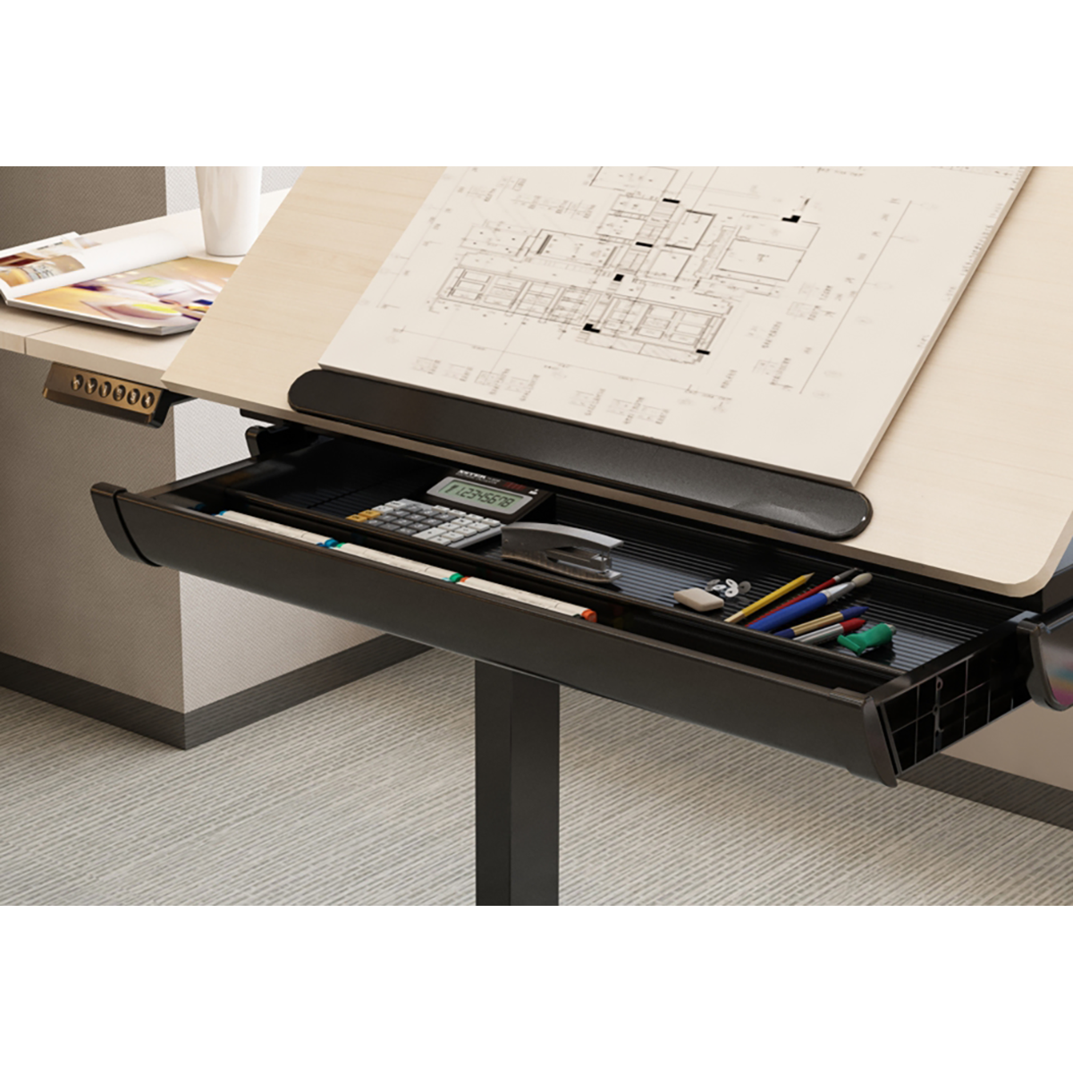 Dellonda Single Motor Ultra-Quiet Electric Adjustable Drawing Table with 40° Tilt, Drawer & Side Table