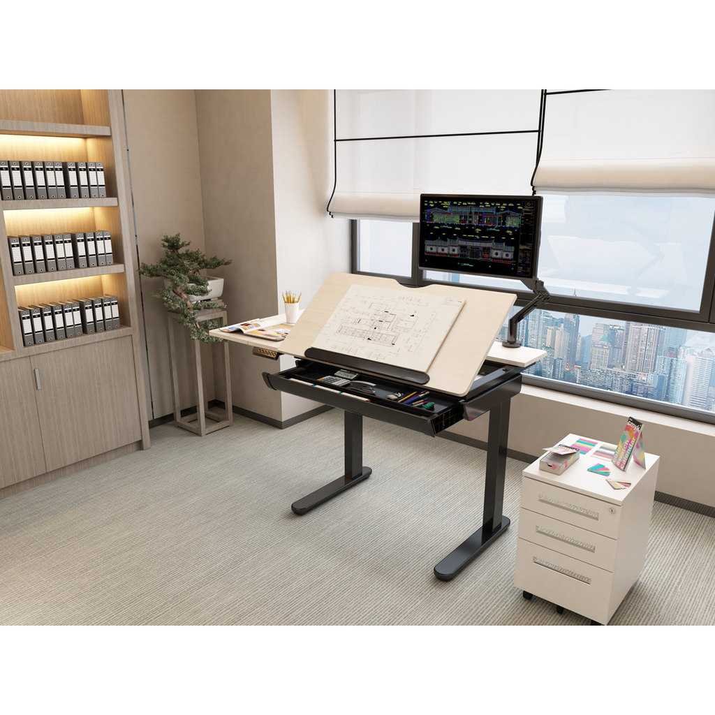 Dellonda Single Motor Ultra-Quiet Electric Adjustable Drawing Table with 40° Tilt, Drawer & Side Table