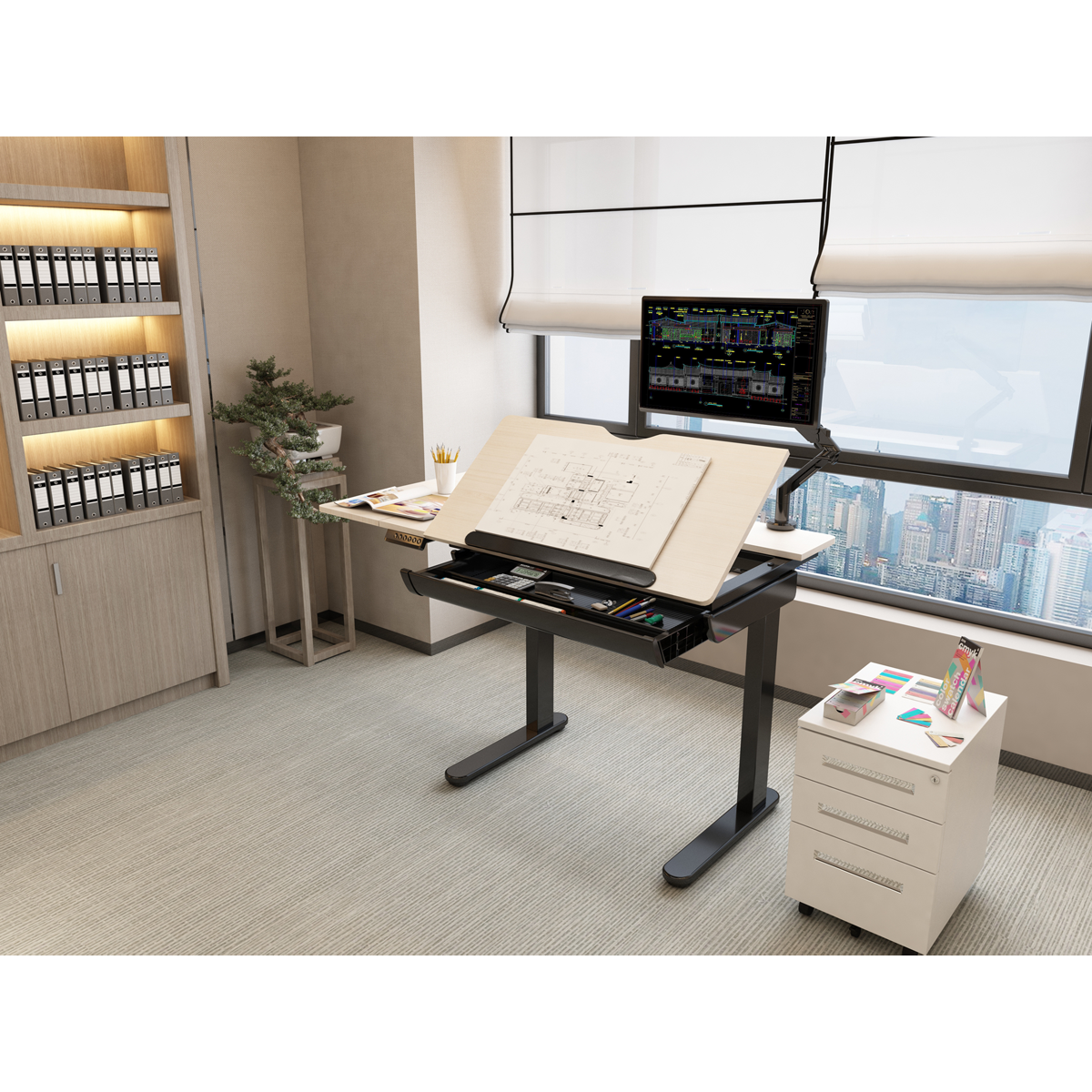 Dellonda Single Motor Ultra-Quiet Electric Adjustable Drawing Table with 40° Tilt, Drawer & Side Table