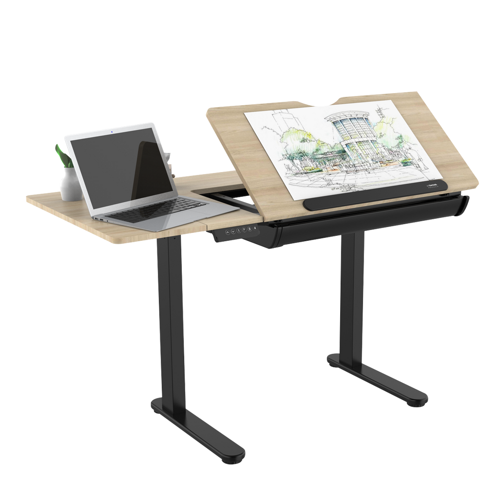 Dellonda Single Motor Ultra-Quiet Electric Adjustable Drawing Table with 40° Tilt, Drawer & Side Table