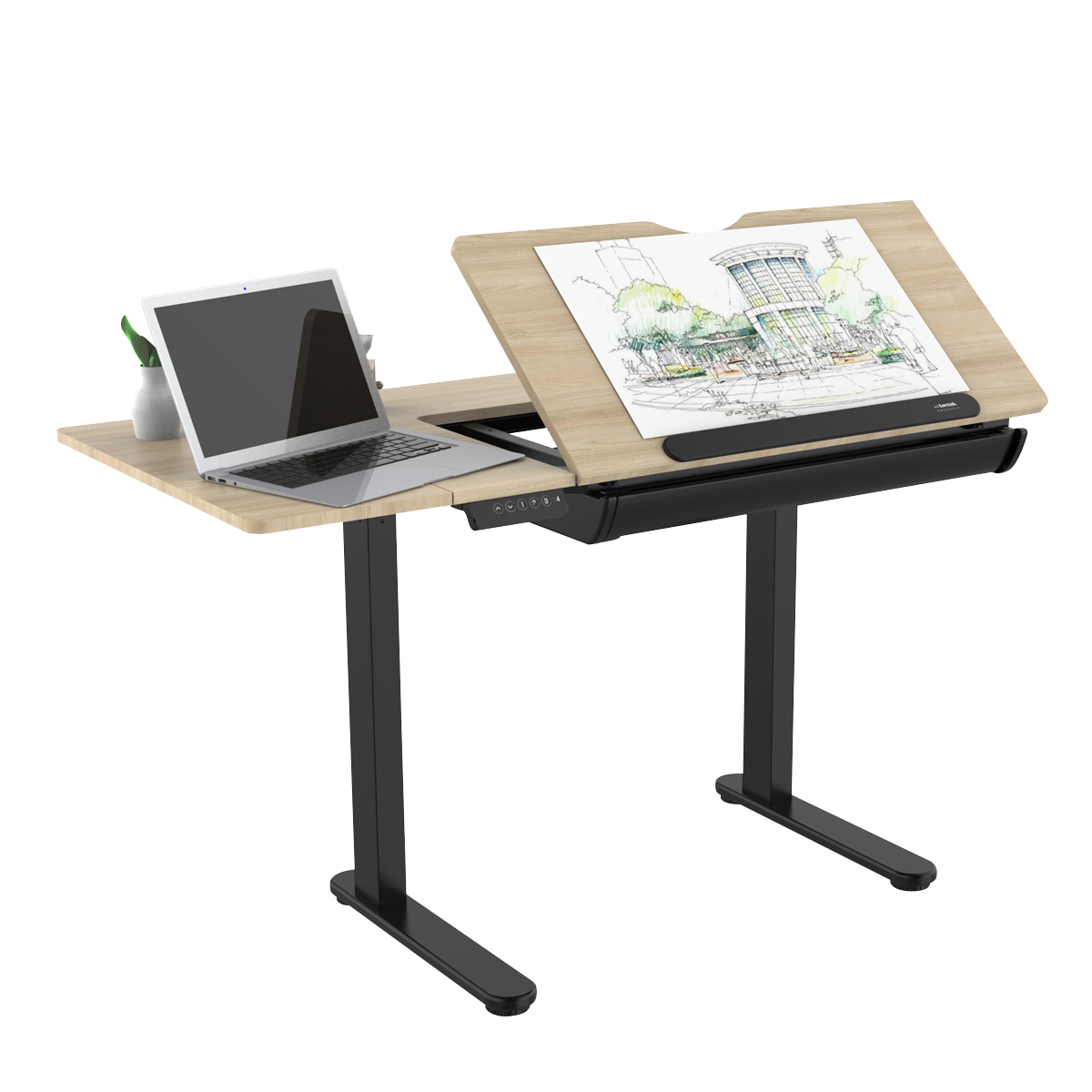Dellonda Single Motor Ultra-Quiet Electric Adjustable Drawing Table with 40° Tilt, Drawer & Side Table