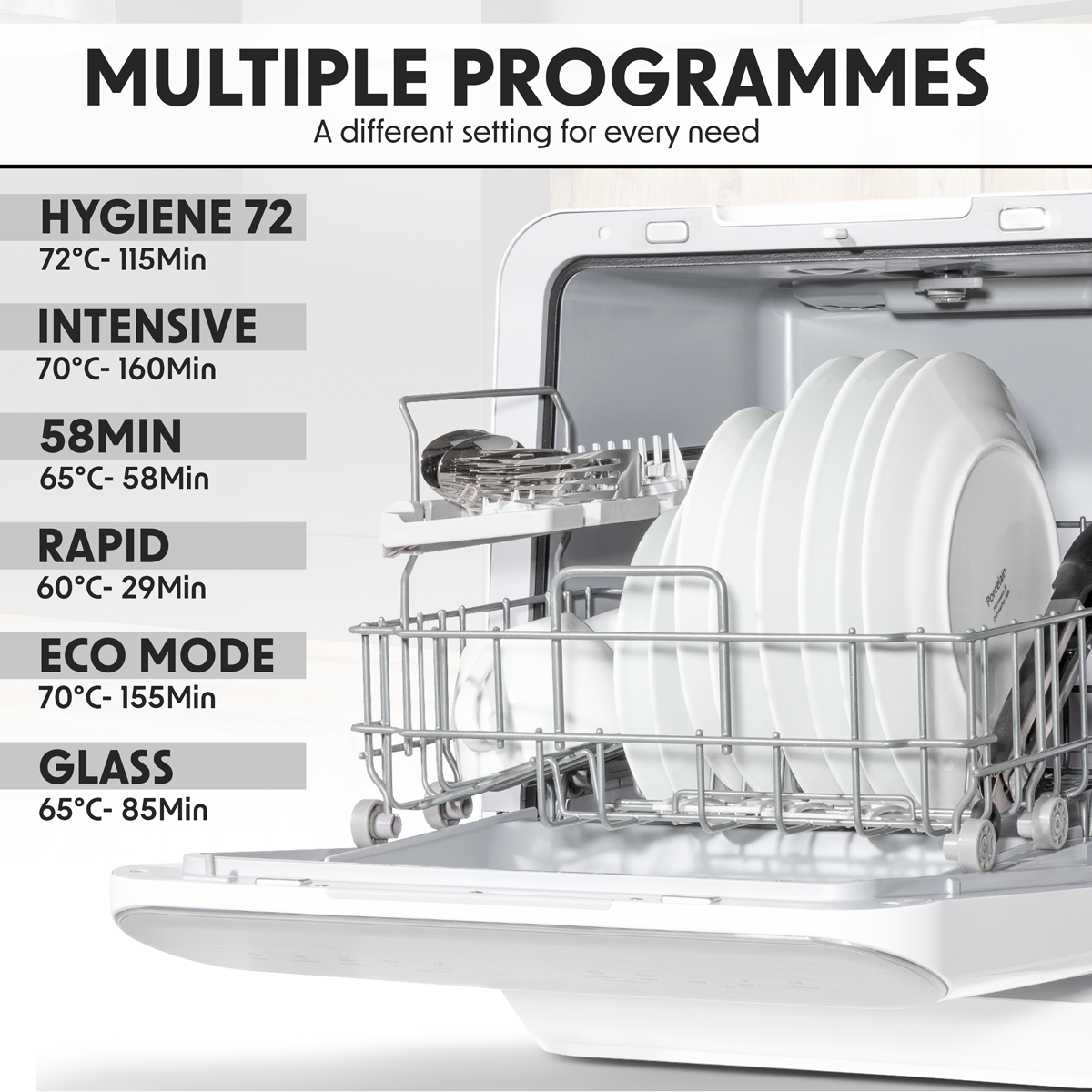Baridi Mini Tabletop Dishwasher, 3 Place Settings, 6L Capacity, White (DH72)