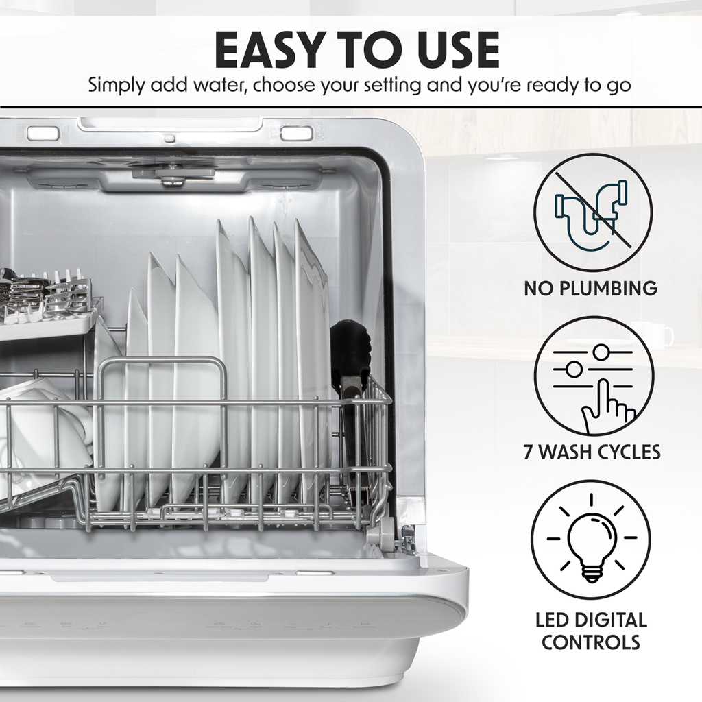 Baridi Mini Tabletop Dishwasher, 3 Place Settings, 6L Capacity, White (DH72)