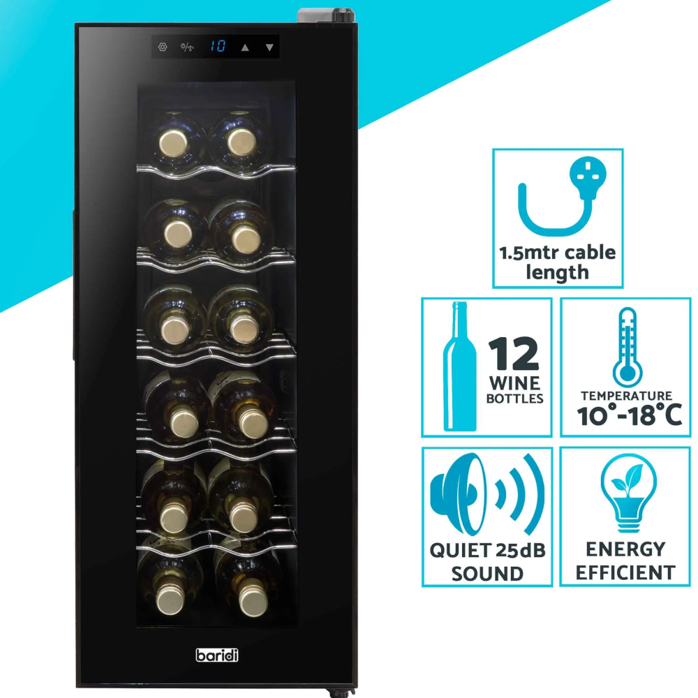 Baridi DH73 Wine Cooler Fridge with Digital Touchscreen Controls, LED Light, 12 Bottle Capacity, Black