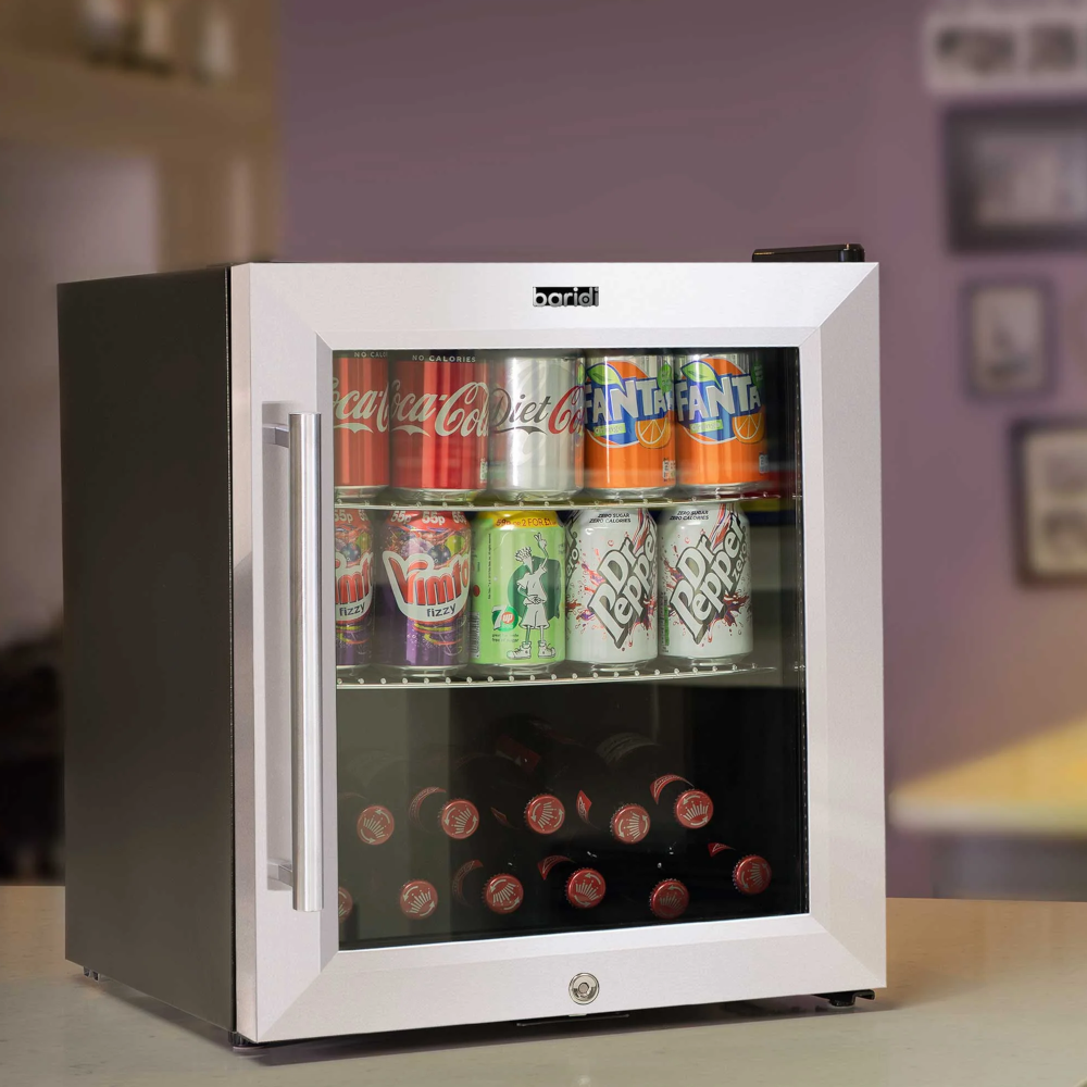 Baridi DH75 Table Top Freestanding Drinks, Beer and Wine Mini Cooler Fridge with LED Light, 50 Litre Capacity, Stainless Steel