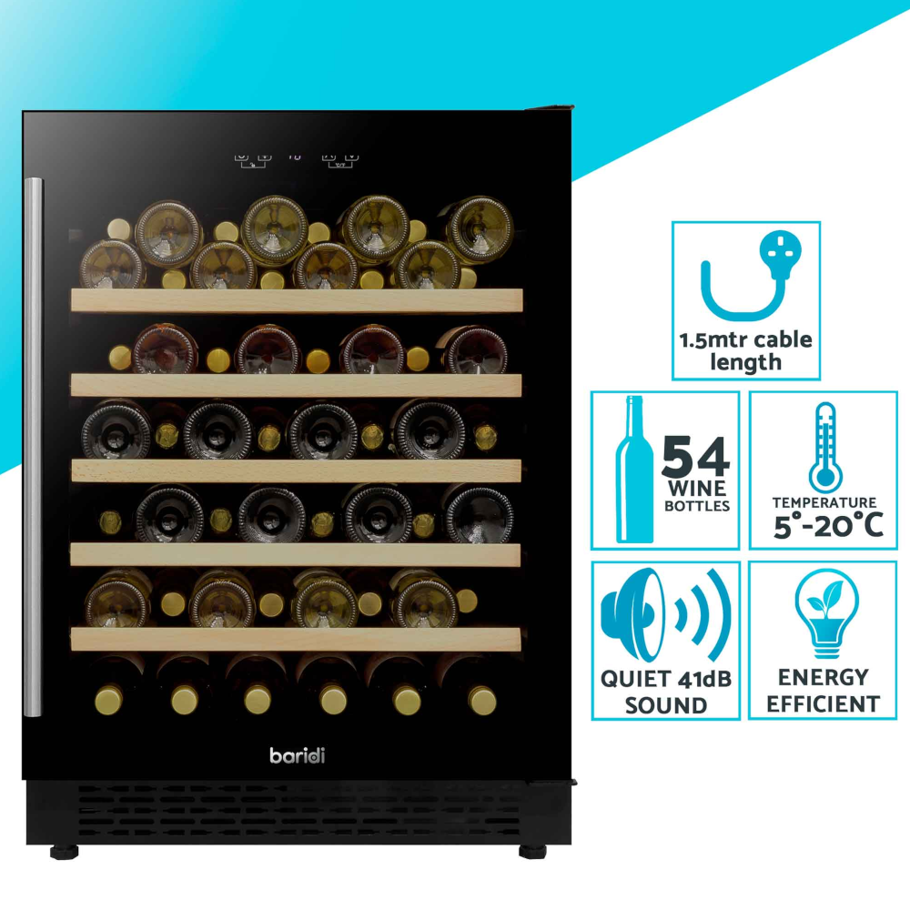 Baridi DH78 Under-Counter Freestanding Wine Cooler Fridge with Digital Touchscreen Controls & LED Light, 54 Bottle Capacity, Black