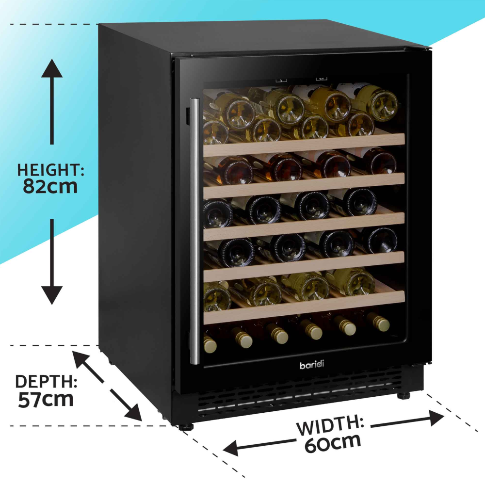 Baridi DH78 Under-Counter Freestanding Wine Cooler Fridge with Digital Touchscreen Controls & LED Light, 54 Bottle Capacity, Black
