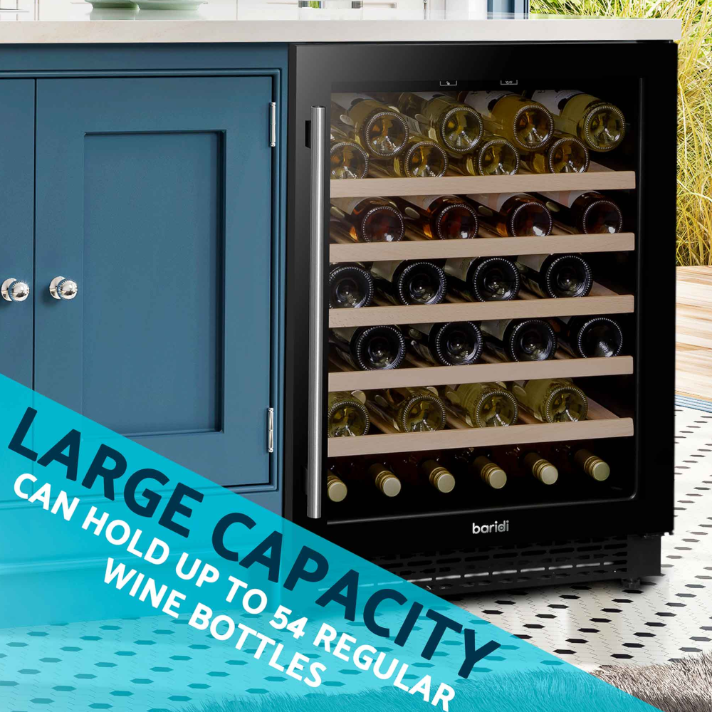 Baridi DH78 Under-Counter Freestanding Wine Cooler Fridge with Digital Touchscreen Controls & LED Light, 54 Bottle Capacity, Black